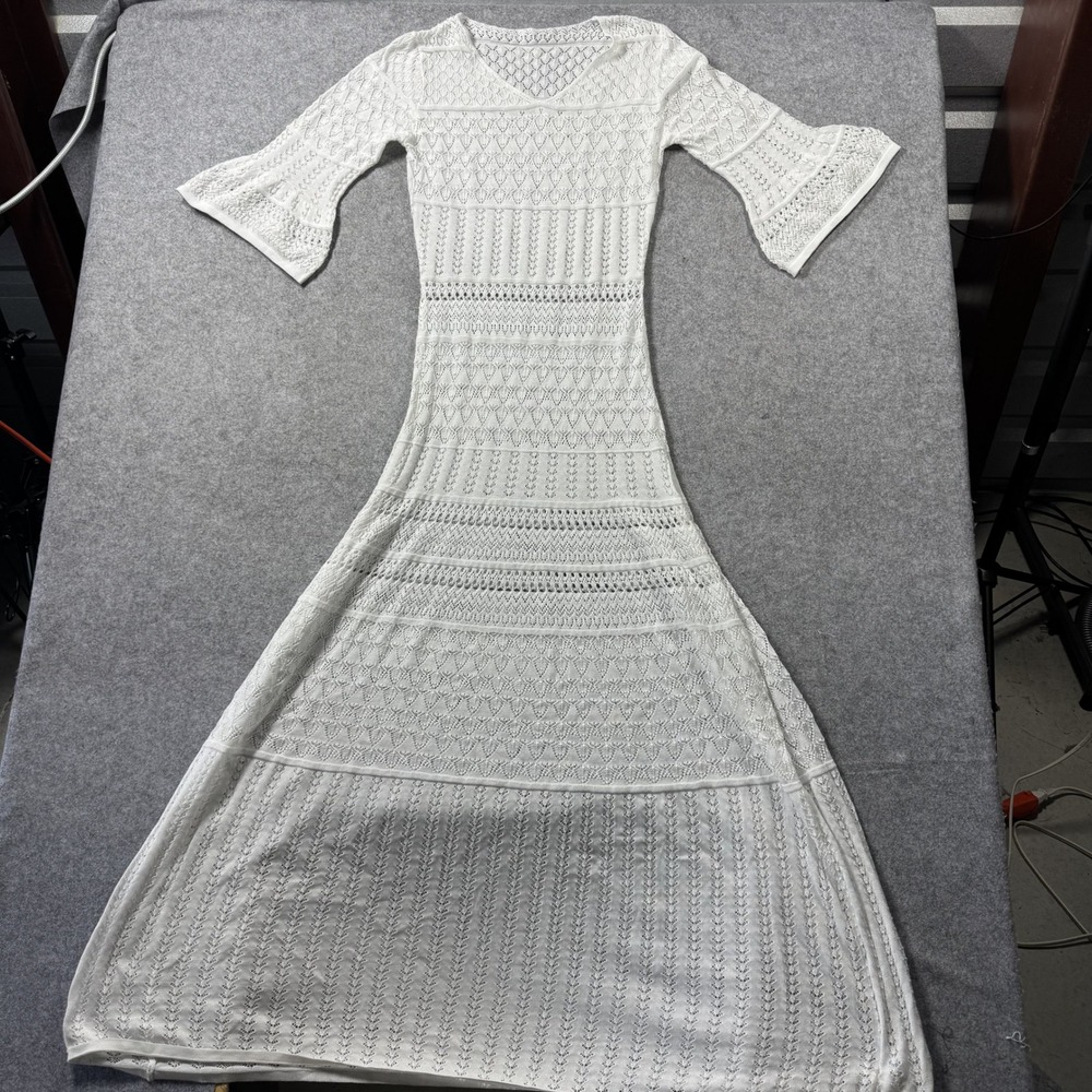 Miss Morandi Womens Crochet Knit Maxi Dress Small White Bell Sleeve Boho